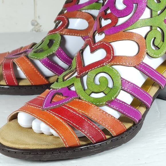 Socofy Women's US 10-10,5 EU 41 Multicolor Leather Cut-Out Strappy Sandals - Picture 14 of 16